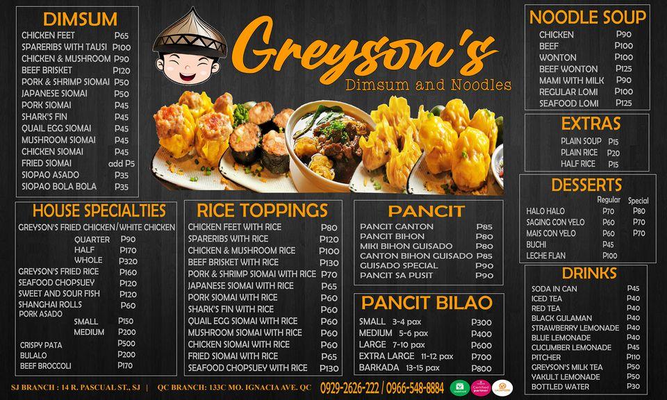 Menu at Greyson’s Dimsum and Noodles - SAN JUAN BRANCH restaurant, San Juan