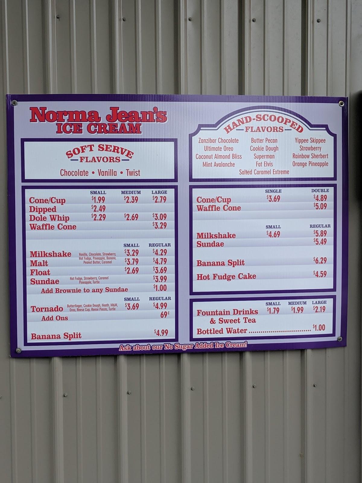 Carta del restaurante Norma Jean's Ice Cream, Borden