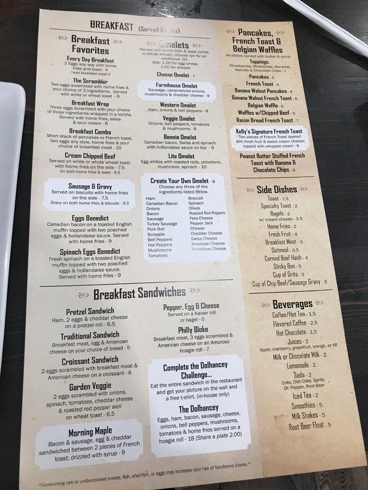 Menu at Kelly's restaurant, Thorndale