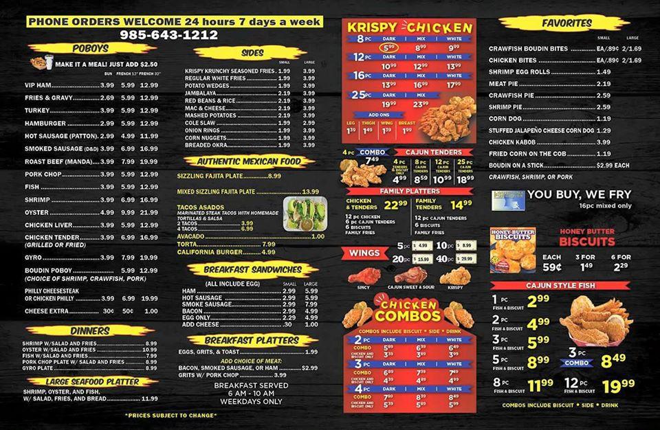 Menu at Moody's Time Saver restaurant, Slidell