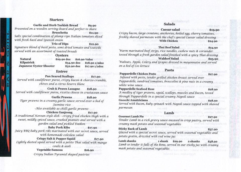 Menu at Salt Restaurant, Emerald