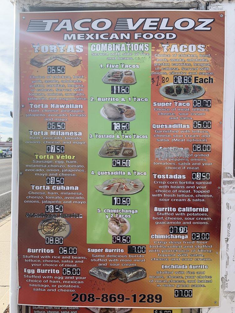 Menu at Taco Veloz restaurant, Boise, 6710 W Fairview Ave