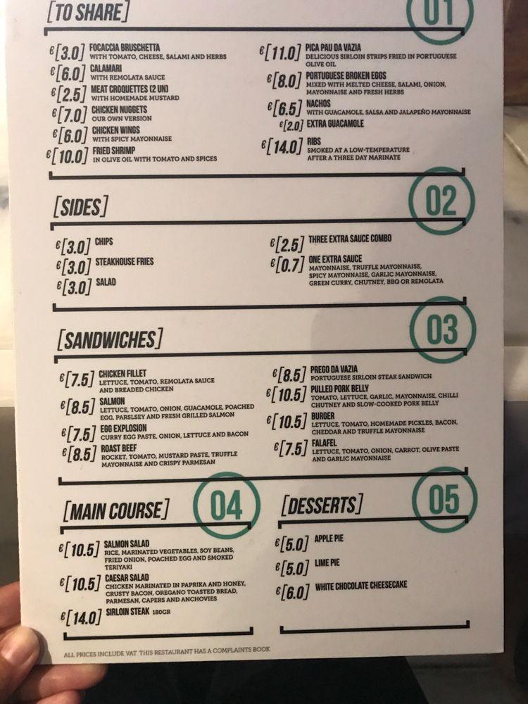 Menu em The Couch Sports Bar, Lisboa