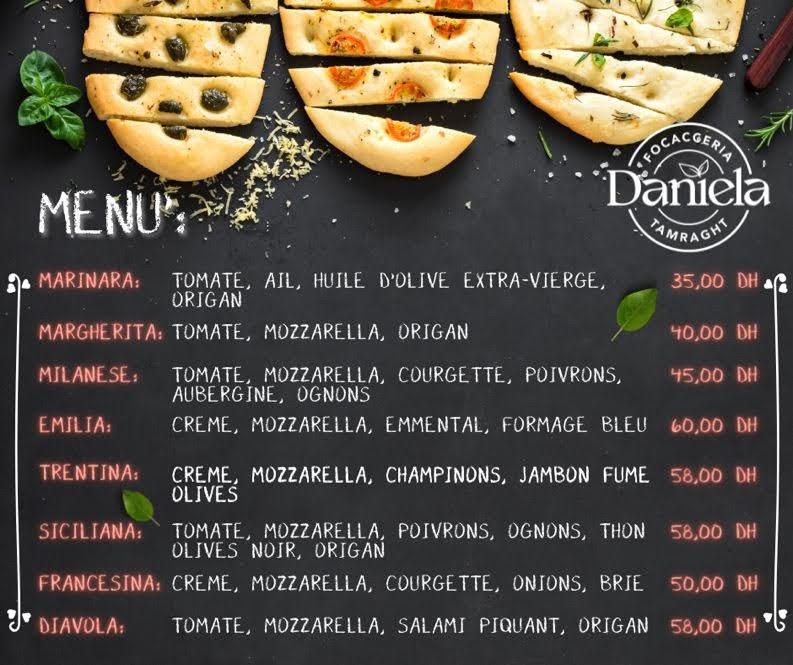 Menu at Focacceria Daniela restaurant, Agadir