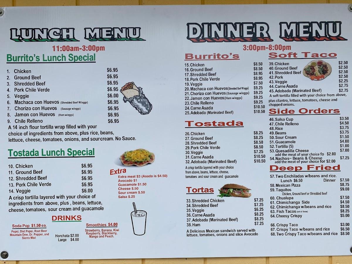 Menu at Mexican Express restaurant, Reedsport