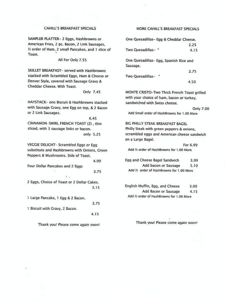 Menu at Cahill's Family Pancake House restaurant, Danville