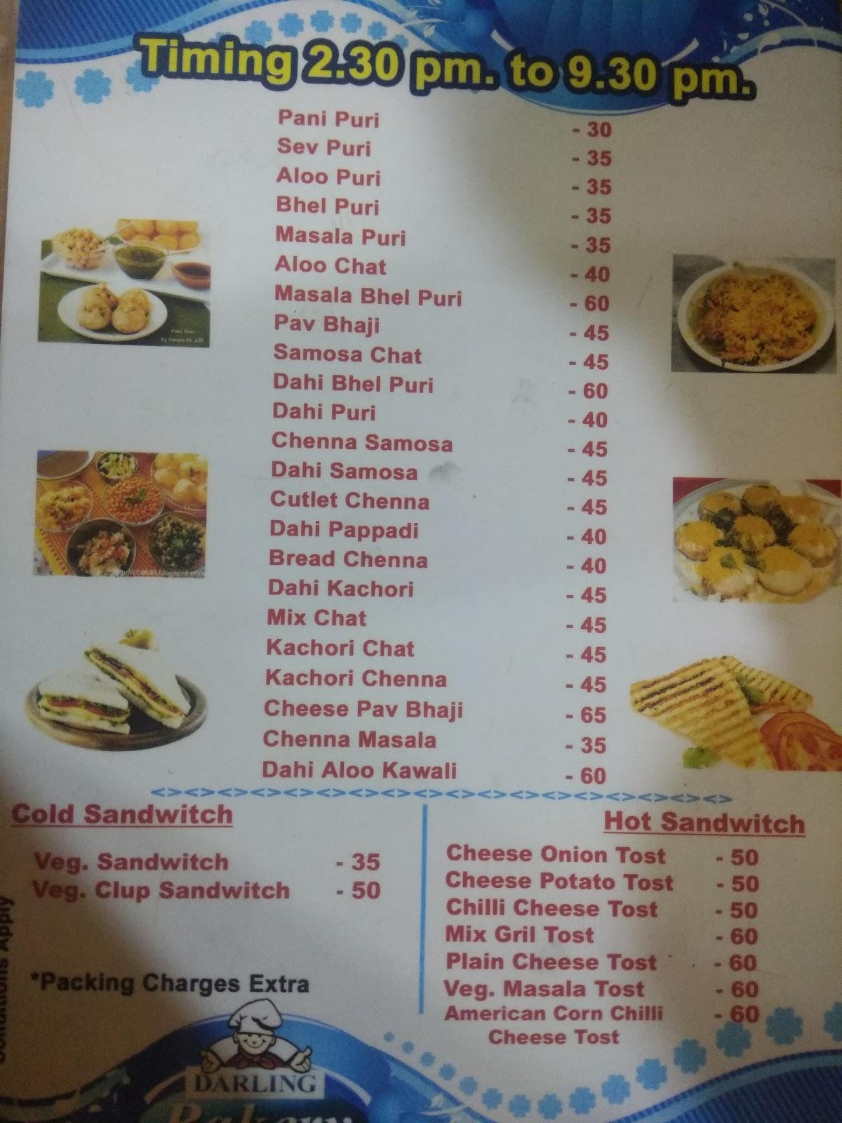 Menu at Darling Bakery, Kanchipuram, S.N Oodai Street