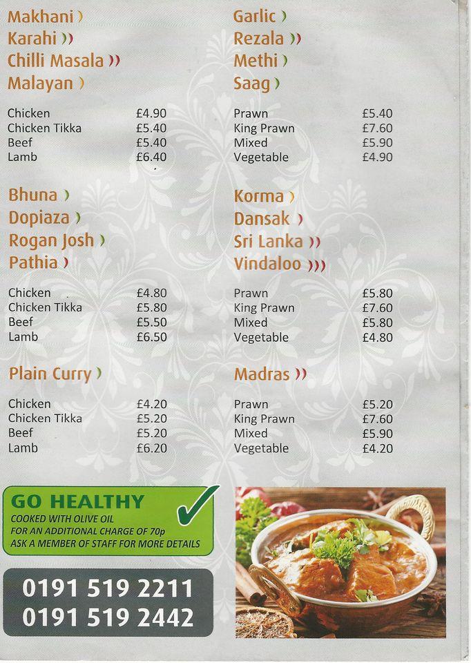 Menu at Taj Balti Hut fast food, Boldon Colliery