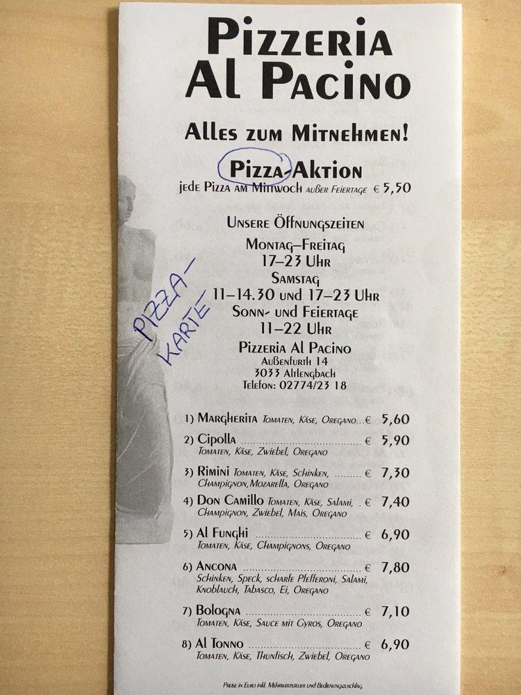 Speisekarte von Pizzeria Al Pacino (Cafe-Restaurant), Altlengbach