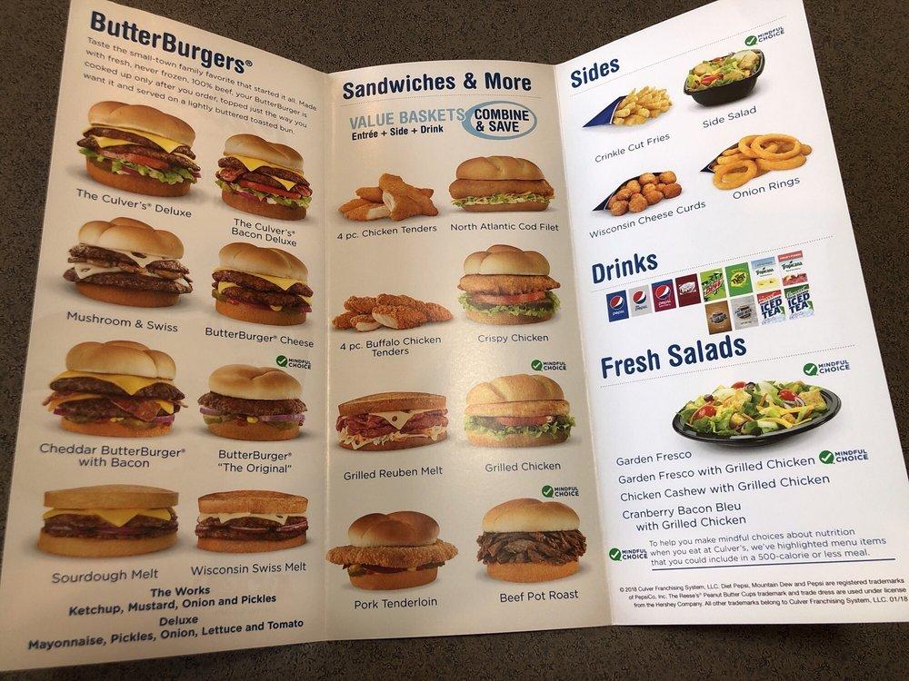 Menu at Culver’s fast food, Pleasant Prairie, Corporate Dr