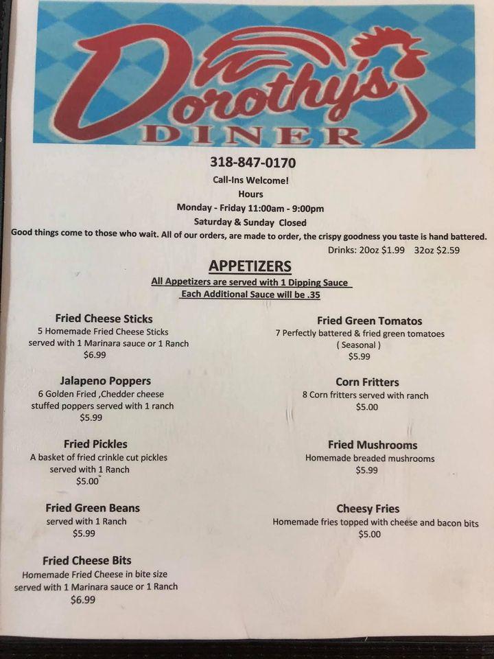 Menu at Dorothy's Diner restaurant, Sarepta, US371