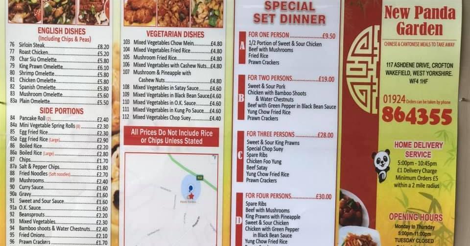 Menu at New Panda Garden Chinese Takeaway fast food, Wakefield