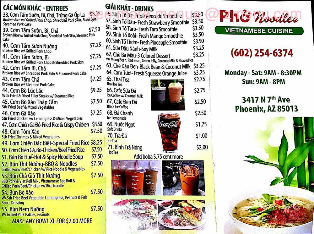 Menu at Phở Noodles restaurant, Phoenix