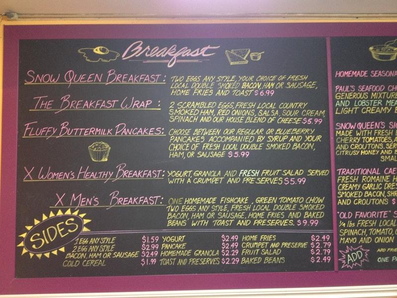 Menu at Snow Queen restaurant, Antigonish, Main St