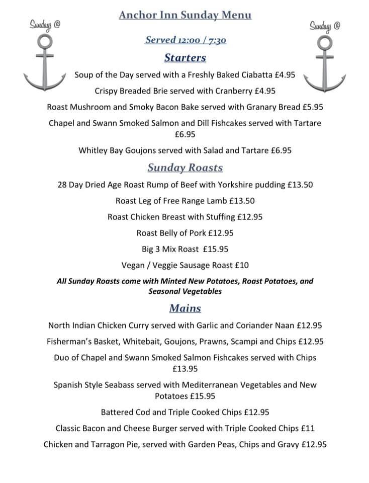 Menu at The Anchor Inn pub & bar, Warwick