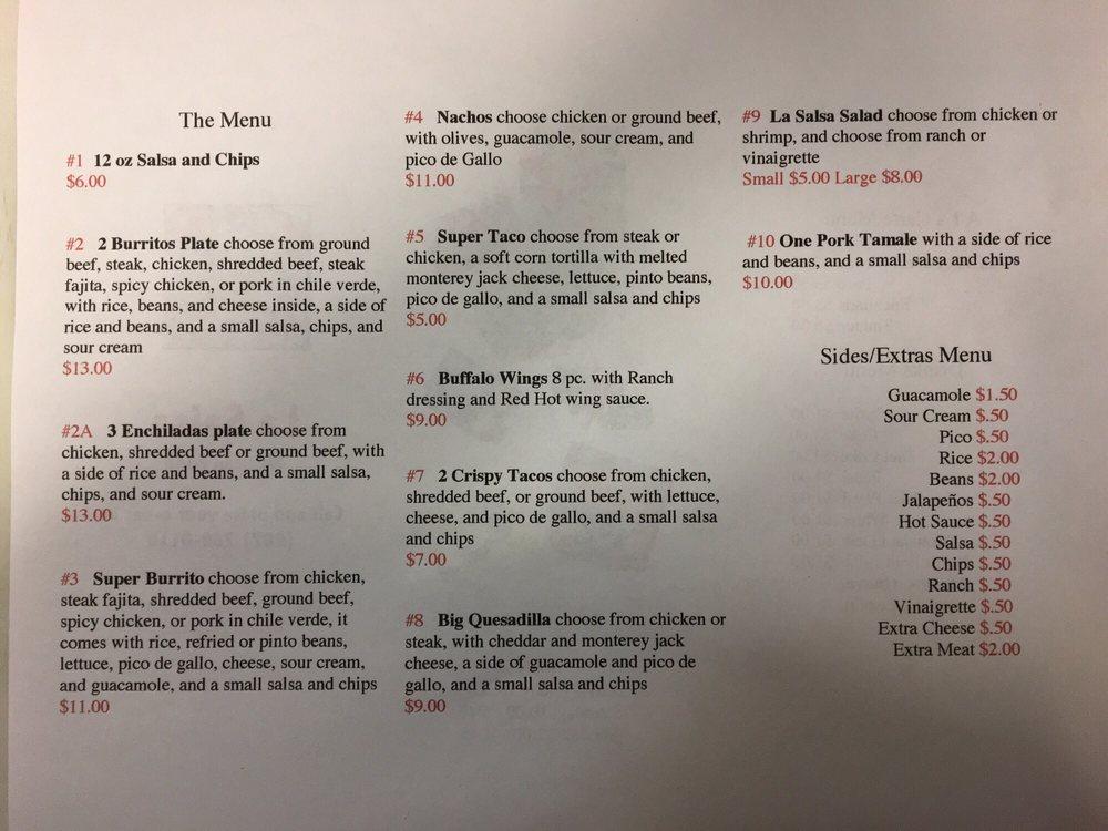 Menu at La Salsa Mexican Food restaurant, Juneau, Glacier Hwy 32a