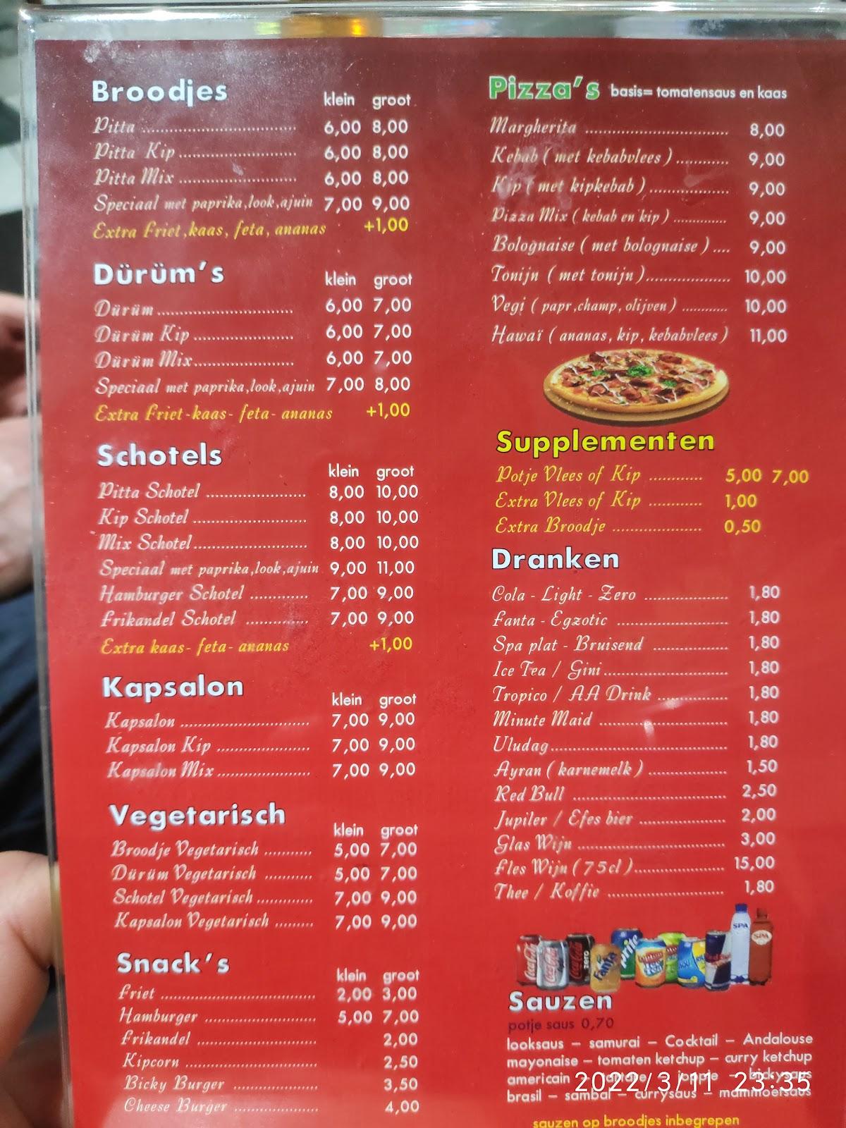 Menu at Pitta Yasin, Bruges