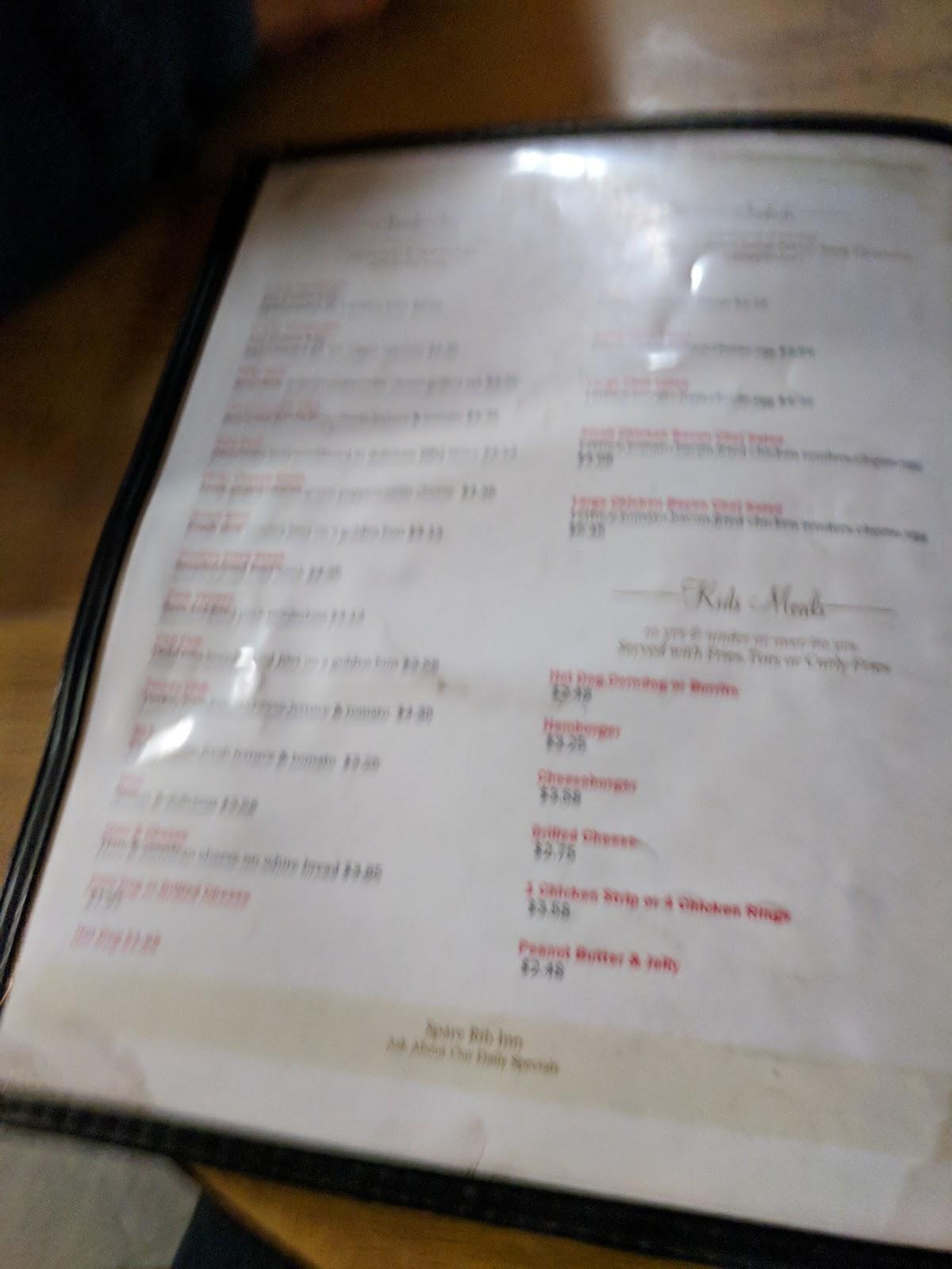 Spare Rib Inn Menu