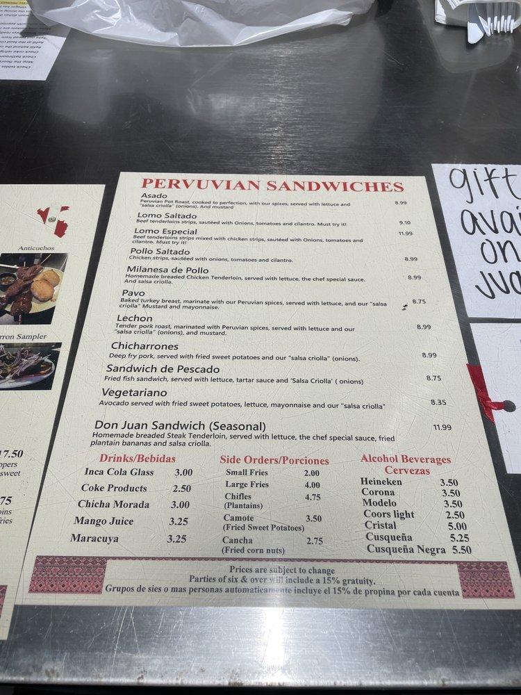 Menu at Don Juan V's Peruvian Sandwiches restaurant, Indianapolis