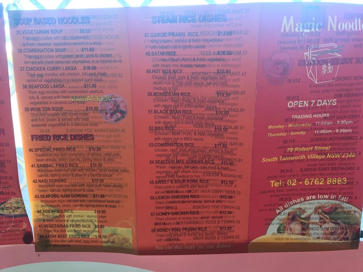 Menu at Magic Noodle restaurant, South Tamworth