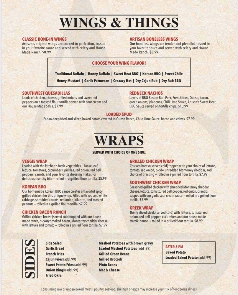 Menu at Artisan Grill pub & bar, Ash Flat, 190 Hwy 62 412