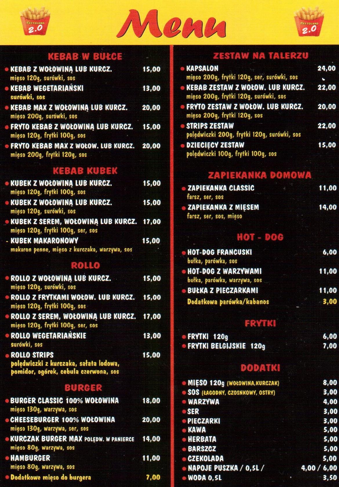 Menu at Bar Frytoland, Bydgoszcz