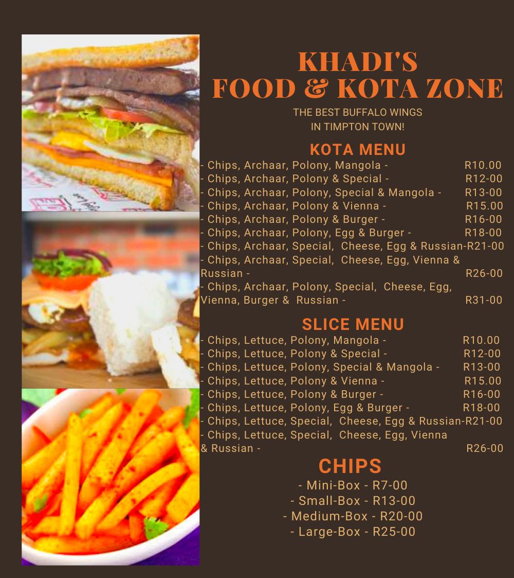 Menu at Khadi's Kota And Food Zone restaurant, Midrand