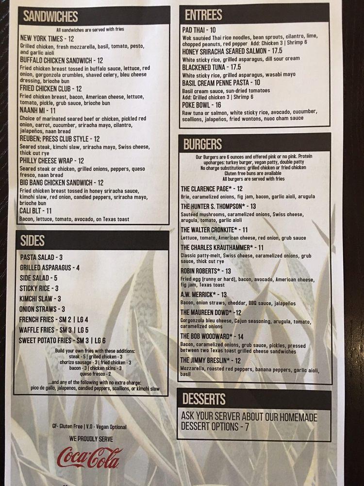 Menu at North Street Press Club, Farmville
