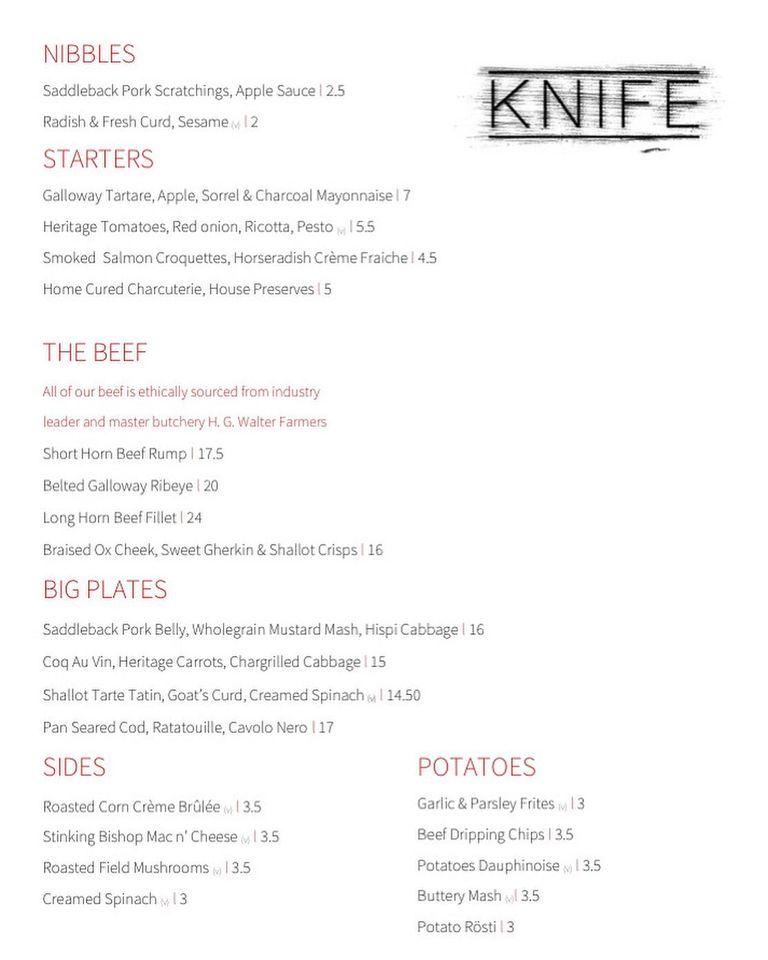 Menu at Knife steakhouse, London