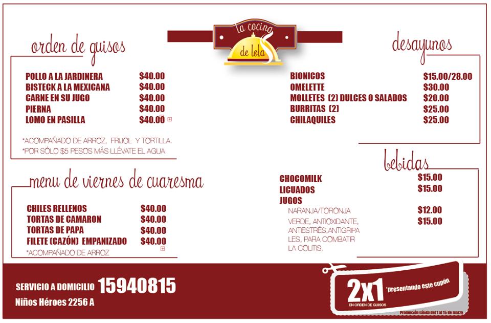 Menu At La Cocina De Lola Restaurant, Guadalajara, Cerca De Av Niños 