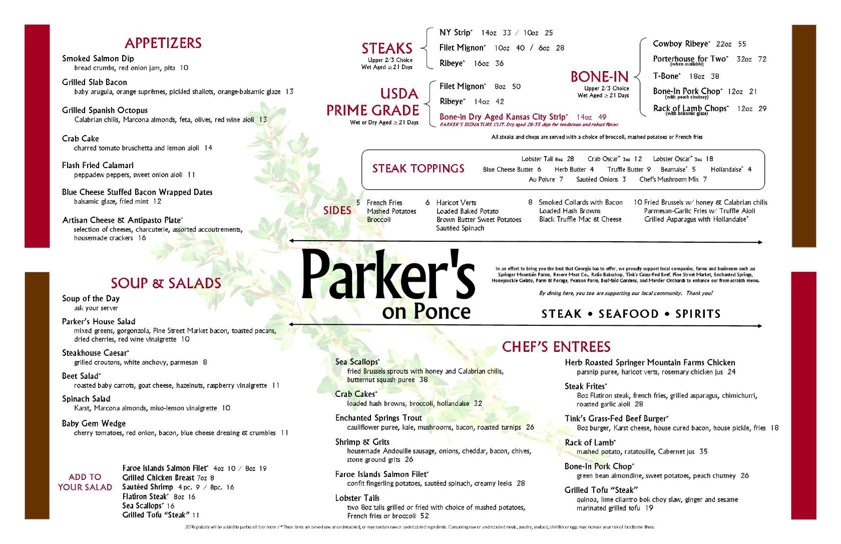 Menu at Parker's on Ponce pub & bar, Decatur