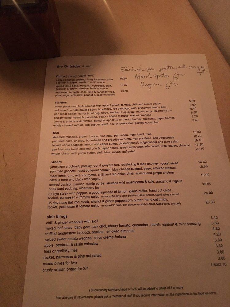 Menu at The Outsider Restaurant, Edinburgh, 1516 IV Bridge