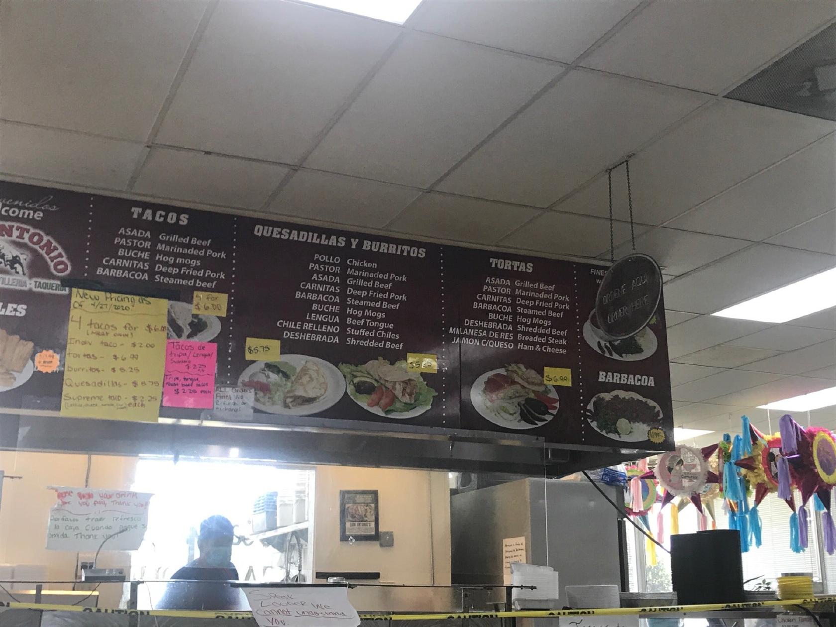 Menu at Don Antonio Meat and Tortillas restaurant, Kansas City