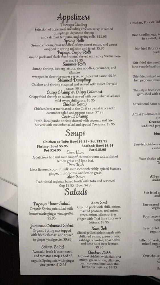 Menu at Papaya Thai & Sushi Bar, Beaufort