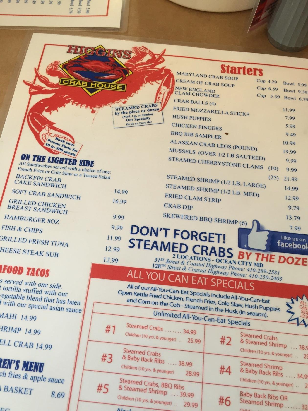 Menu at Higgins Crab House South pub & bar, Ocean City, Coastal Hwy