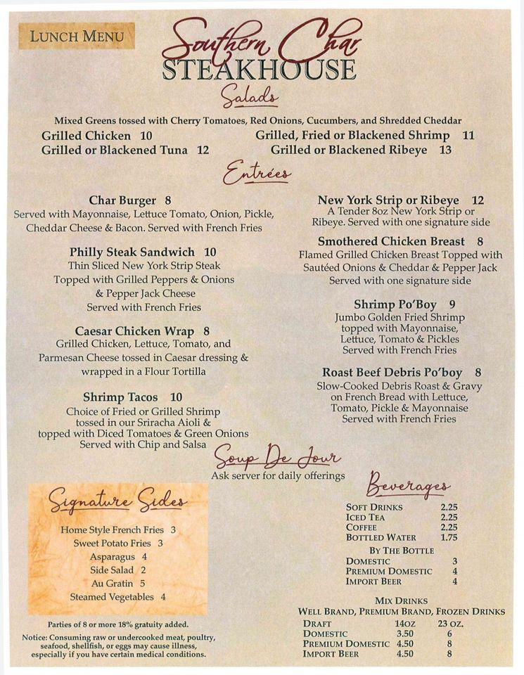 Menu at Southern Char Steakhouse, Picayune