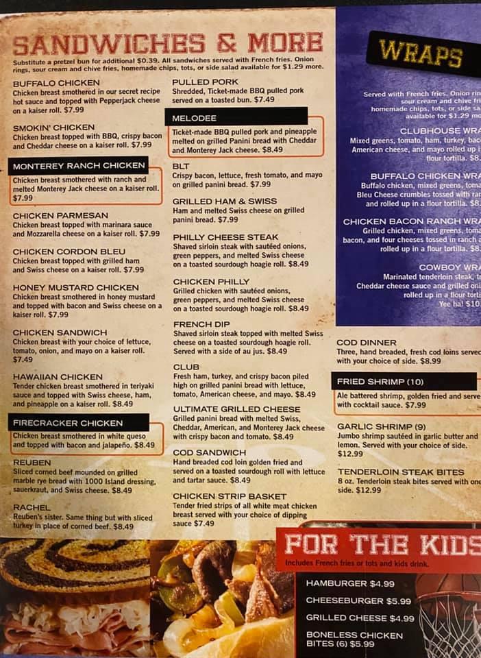 Menu at Ticket Bar & Grill, Platteville