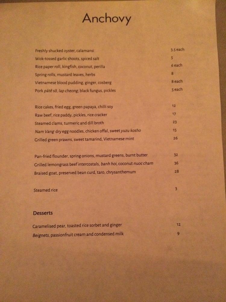 Menu at Anchovy restaurant, Richmond