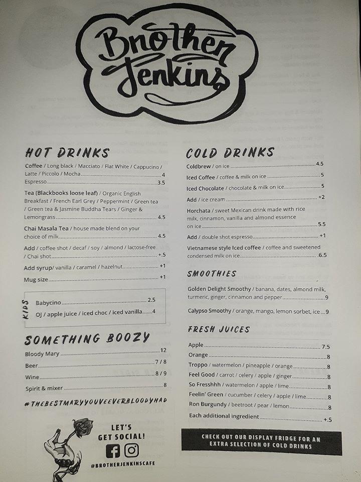Menu at Brother Jenkins Cafe, Manunda