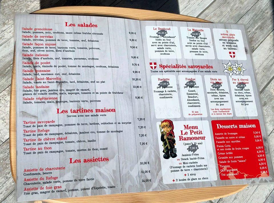 Menu au Le Refuge du Goulet Restaurant Savoyard, SaintVincentsurJard