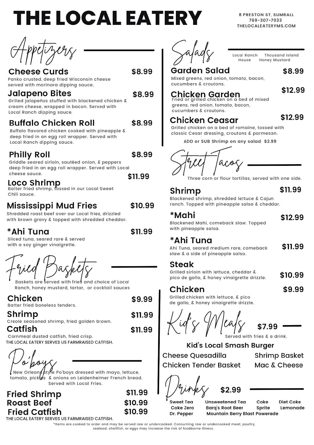 Menu at The Local Eatery restaurant, Sumrall