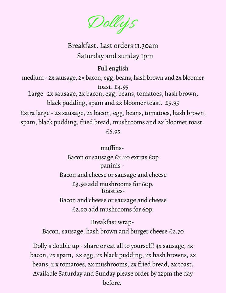 Menu at Dollys Cafe, Glossop