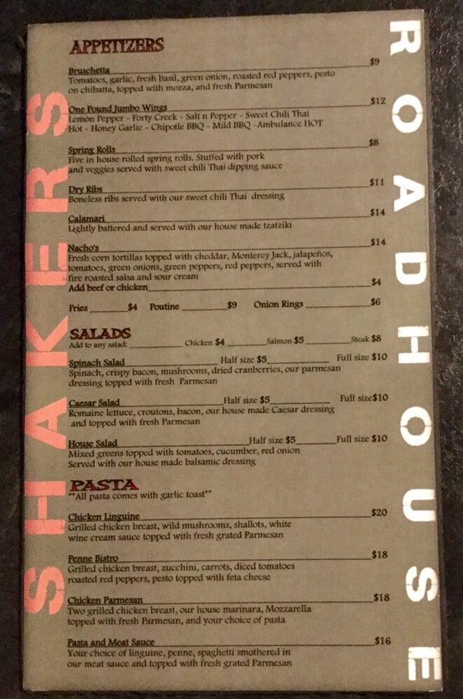 Menu at Shakers Roadhouse pub & bar, Edmonton