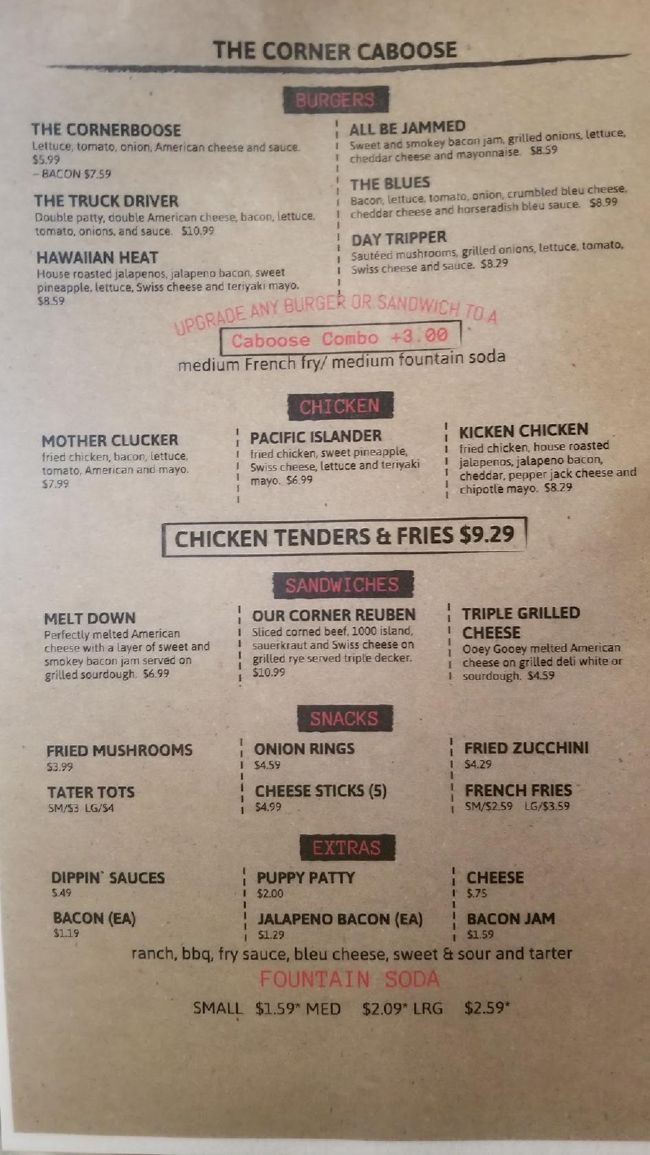 Menu at The Corner Caboose restaurant, Port Angeles