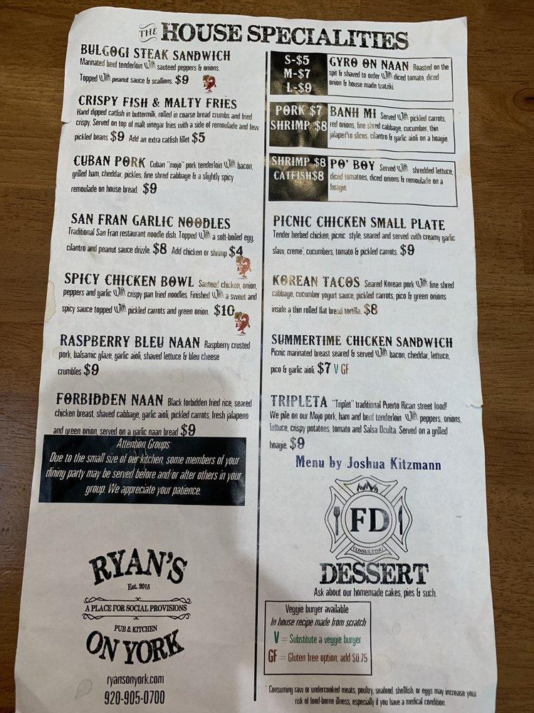 Menu at Ryan's On York pub & bar, Manitowoc