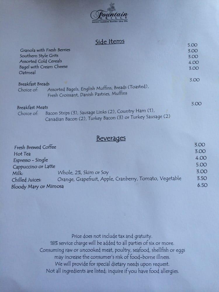 Menu at Fountain Grille Restaurant, Safety Harbor