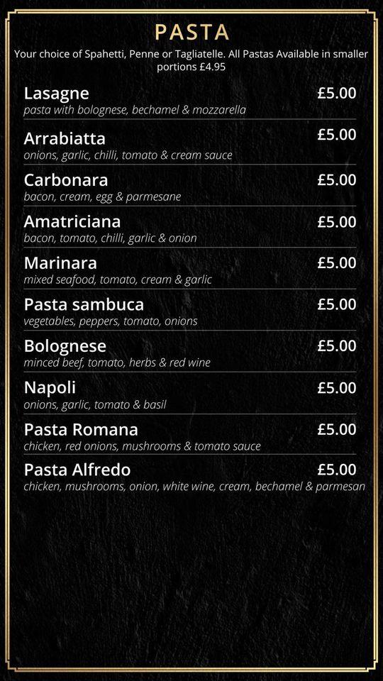 Menu at Cassia Sambuca restaurant, North Shields, 52 Bell St