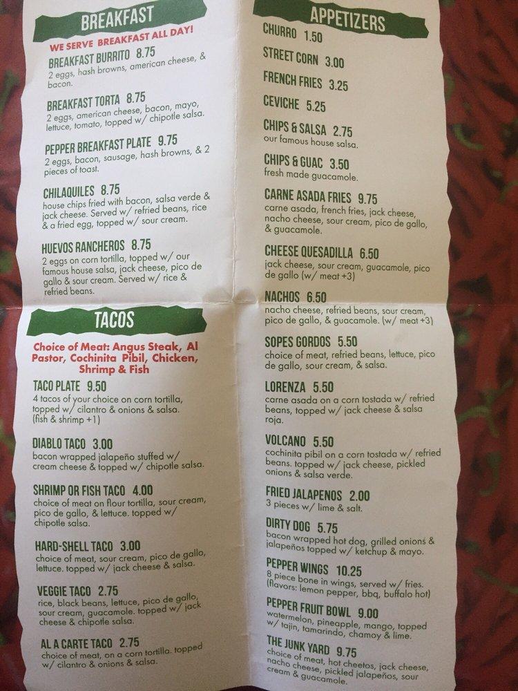 Menu at Pepper Mexican Grill restaurant, Los Angeles