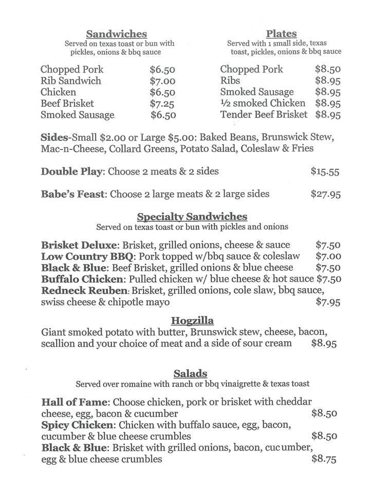 Menu at Babe's Smokehouse BBQ, Garden City