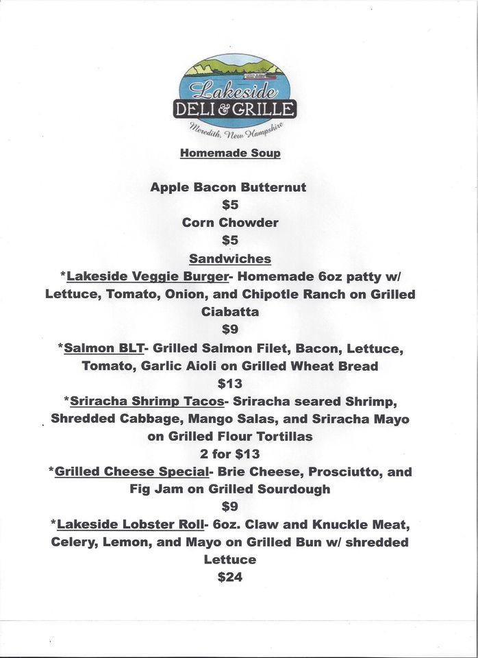 Menu at Lakeside Deli & Grille restaurant, Meredith